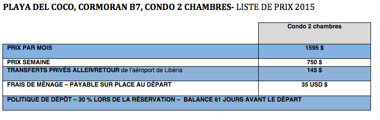 Liste de prix location condo playa del coco