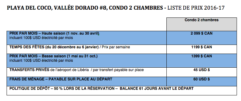 Liste de prix location condo Vallée Dorado #8