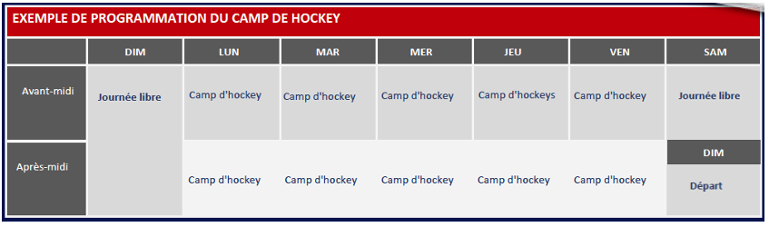 Exemple de programmation du camp de hockey 2021