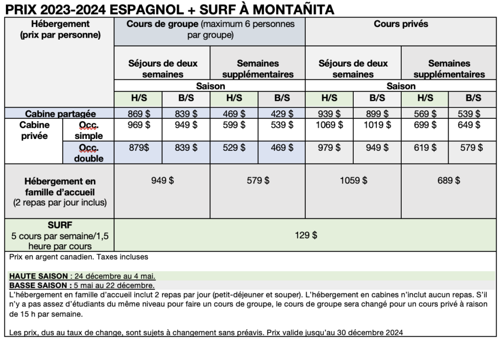 Prix 2023-24 espagnol et surf a Montanita