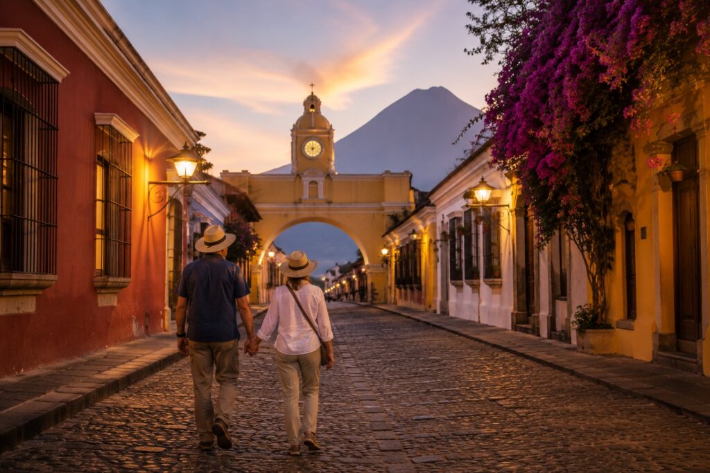 Couple de retraités se promenant dans les rues d'Antigua Guatemala au coucher du soleil avant leur dernière soirée en famille d'accueil.