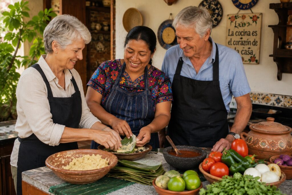 Rretraités participant à un atelier de cuisine traditionnelle lors d'un circuit Guatemala avec cours d'espagnol.