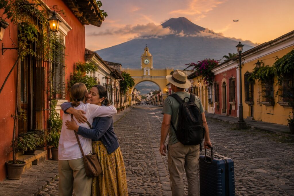 Étudiante faisant ses adieux à sa famille d’accueil à Antigua Guatemala avant son retour au Canada.