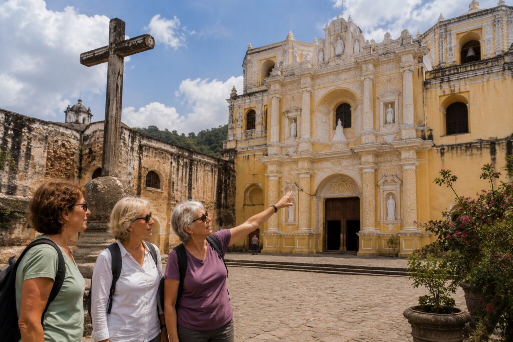 Étudiantes retraités visitant l'église San Francisco à Antigua Guatemala lors d'un circuit Guatemala avec cours d'espagnol.