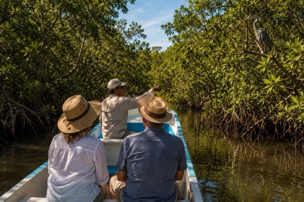 Étudiants retraités en excursion en bateau dans les mangroves de Monterrico avec un guide local au Guatemala.