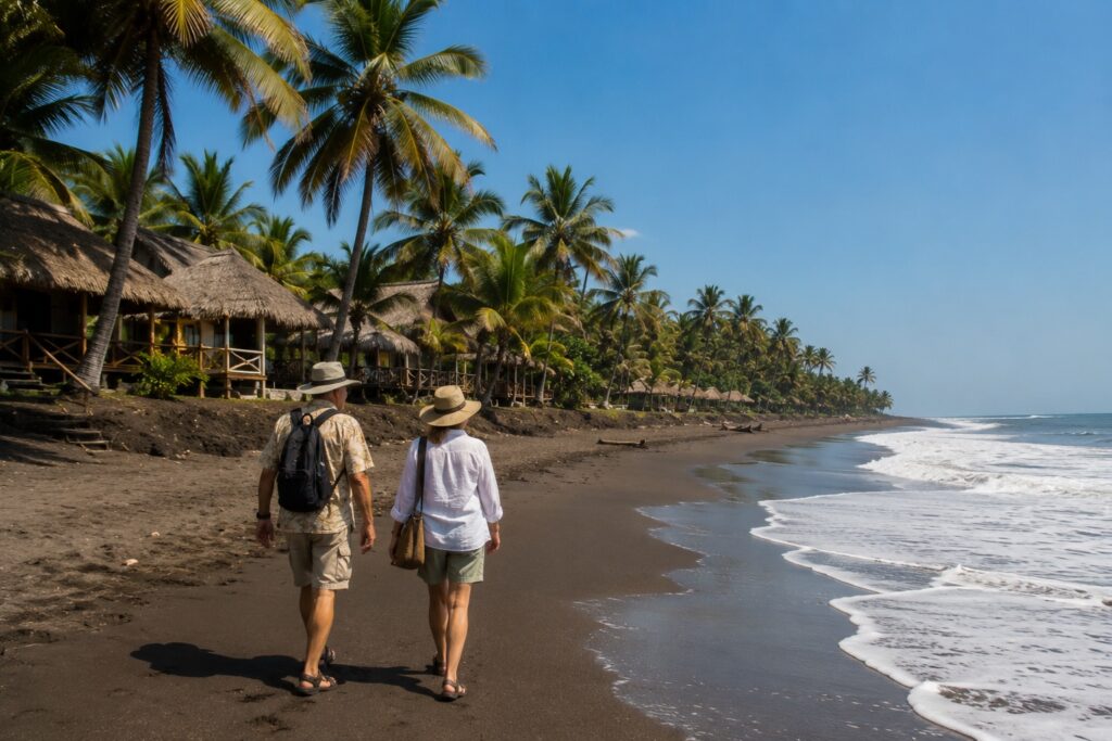 Couple de retraités marchant sur la plage de sable volcanique de Monterrico sur la côte Pacifique du Guatemala.