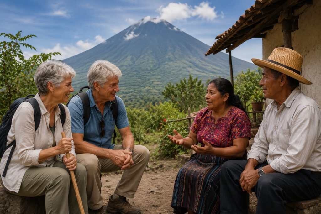 Rertraités rencontrant une famille locale après une randonnée au volcan Agua lors d'un circuit Guatemala avec cours d'espagnol.
