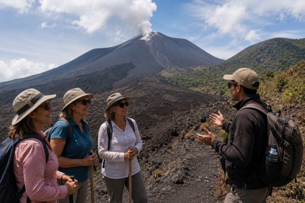 Étudiants retraités en randonnée avec un guide sur les sentiers du volcan Pacaya au Guatemala.