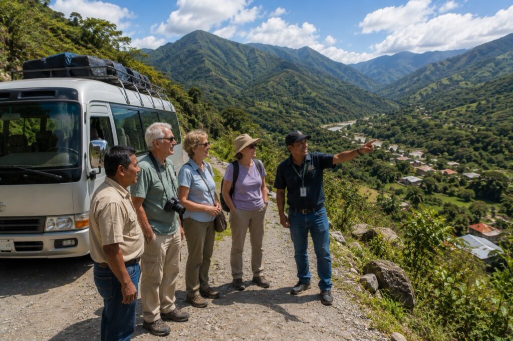 Étudiants retraités accompagnés d'un guide admirant les paysages montagneux sur la route vers Semuc Champey au Guatemala.